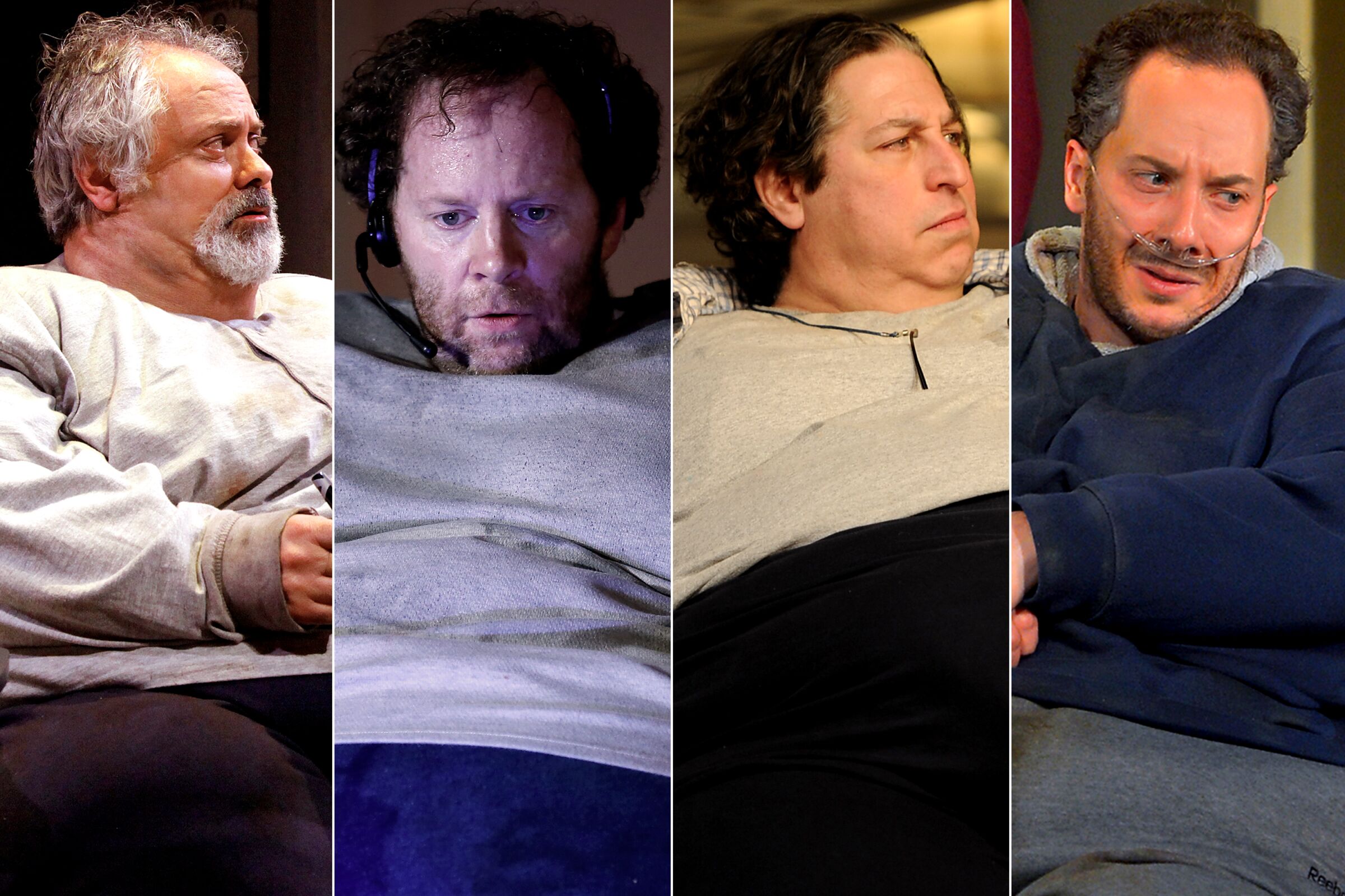 Four actors playing the obese main character in "The Whale" onstage