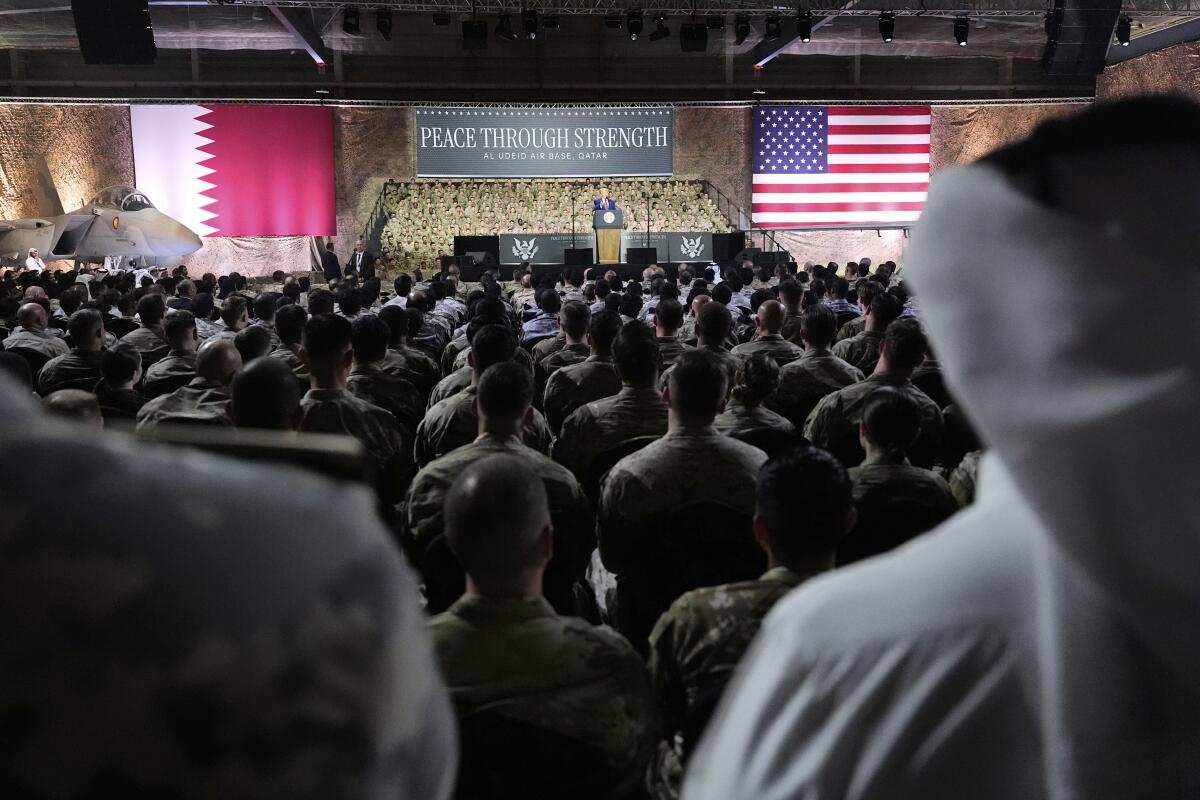 President Trump speaks at the Al Udeid Air Base in May in Doha, Qatar.