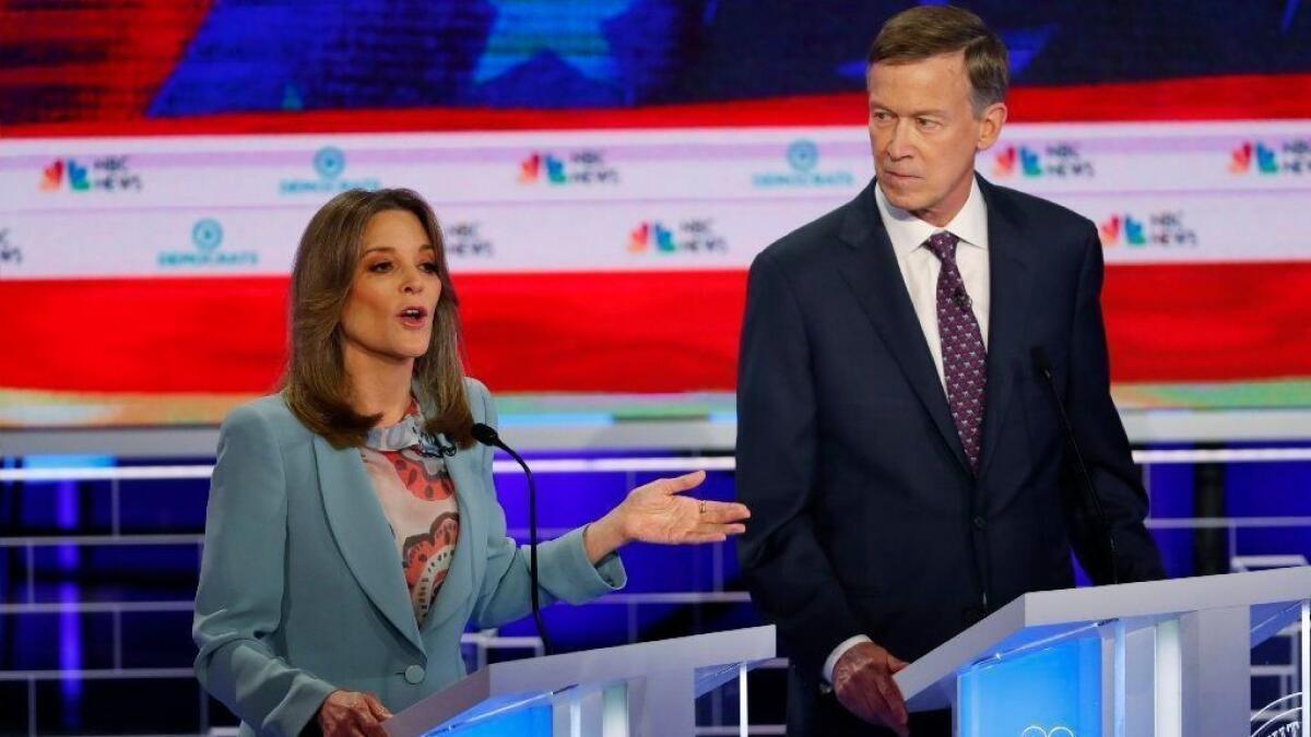 Author Marianne Williamson with fellow presidential candidate former Colorado Gov. John Hickenlooper.