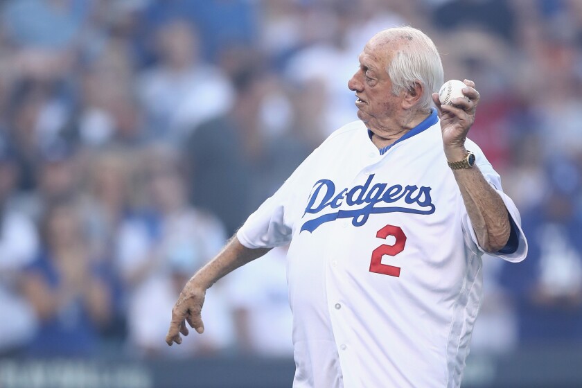 Tom Lasorda throws out the first pitch during Game 3 of the 2018 World Series.