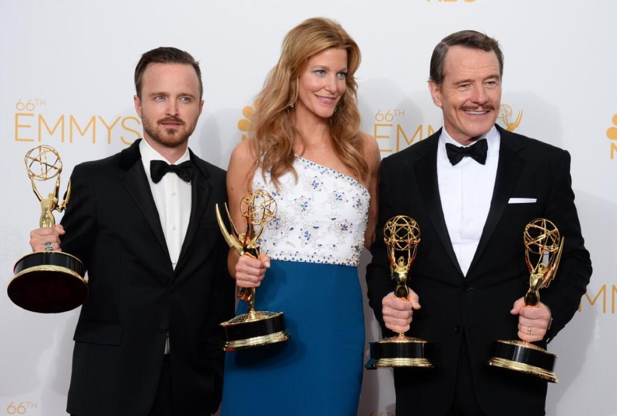 "Breaking Bad" Emmy acting winners Aaron Paul, Anna Gunn and Bryan Cranston. All had won Emmys before for the show, which concluded this season.