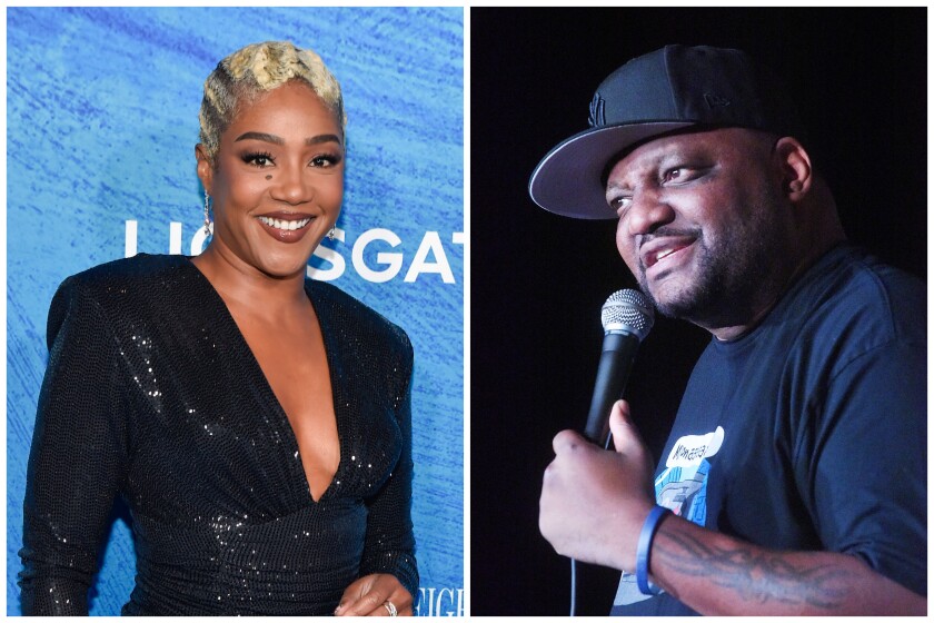 Side-by-side images of comedians Tiffany Haddish, left, and Aries Spears