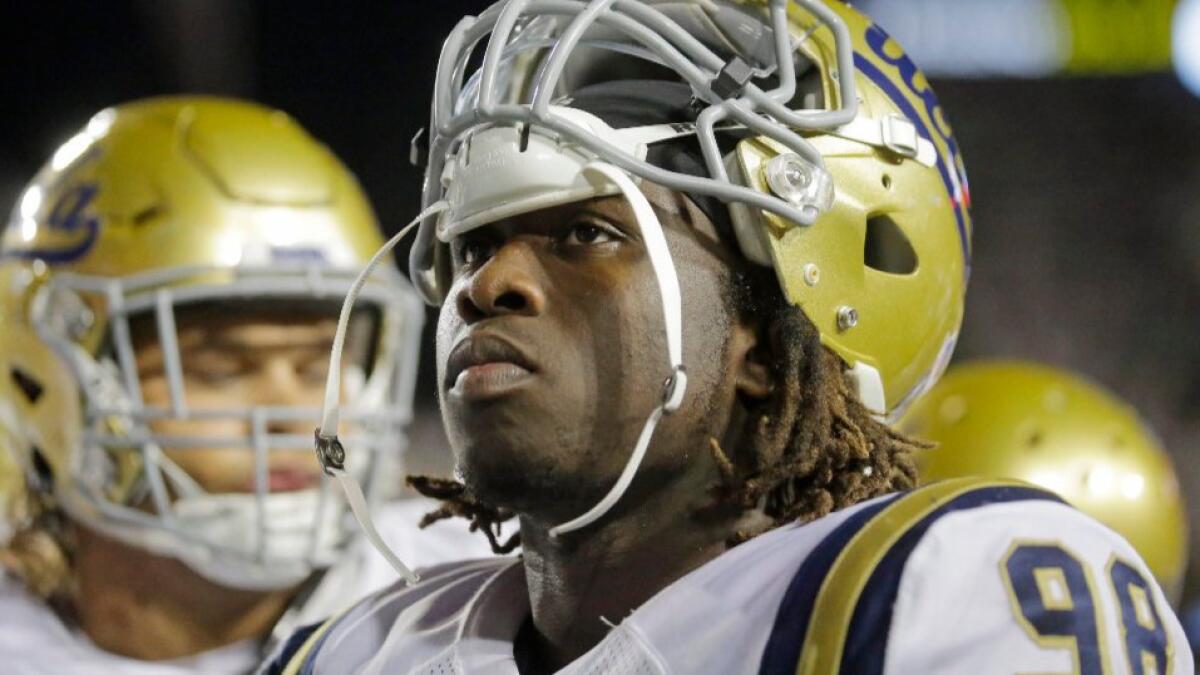 UCLA defensive lineman Takkarist McKinley looks on during the second half of the Bruins' 17-14 win over Brigham Young on Saturday.