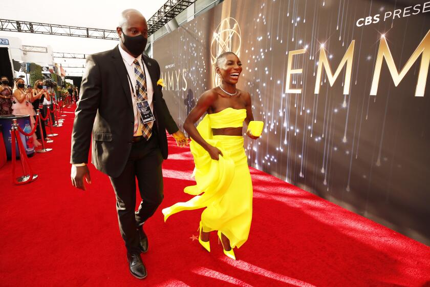 LOS ANGELES, CA - SEPTEMBER 19: Michaela Coel arrives on the red carpet for the 73rd Annual Emmy Awards taking place at LA Live on/ Sunday, Sept. 19, 2021 in Los Angeles, CA. (Al Seib / Los Angeles Times)