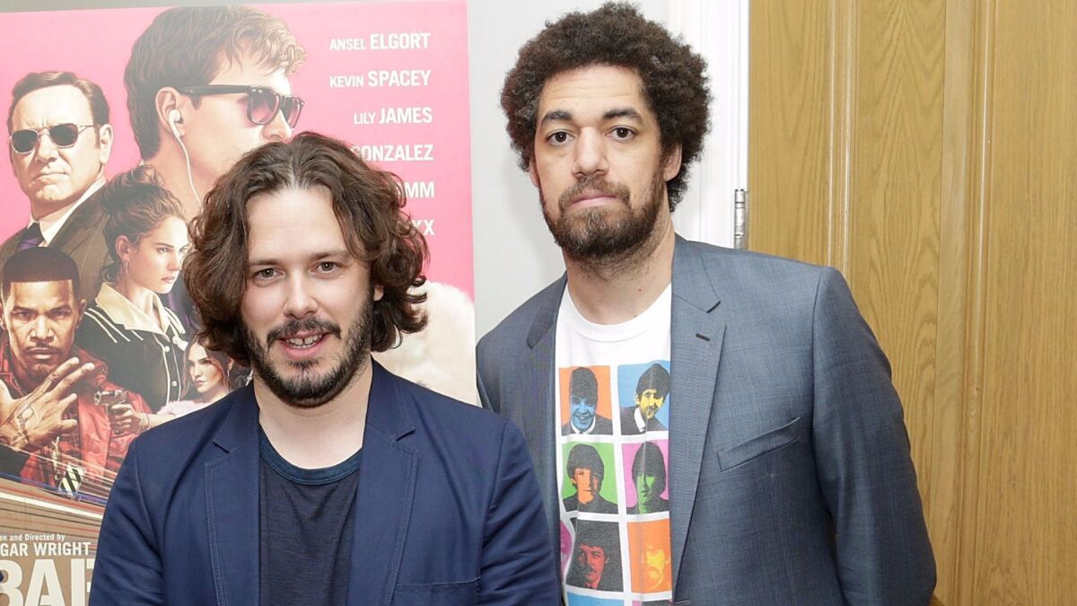 Director Edgar Wright, left, and Danger Mouse at a New York screening of "Baby Driver" hosted by Aziz Ansari.