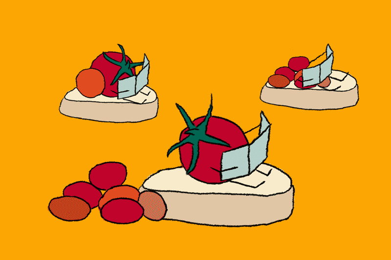 Illustration of little tomatoes sunbathing on pieces of bread.