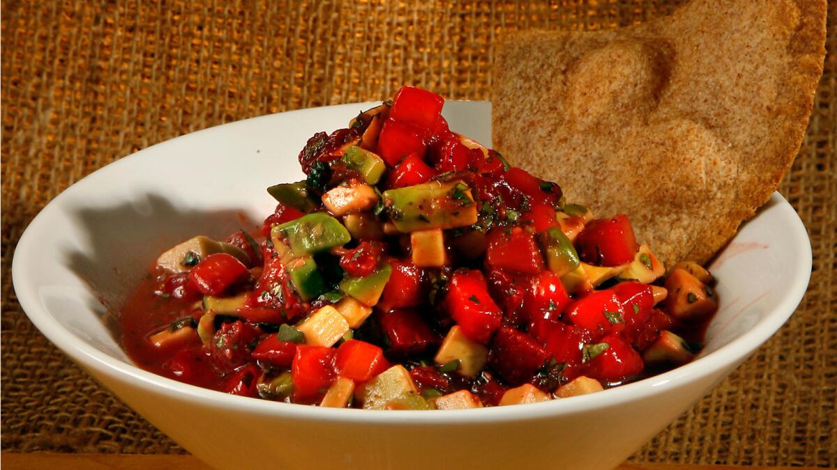 Brighten up your dips by adding fresh fruit. This strawberry-avocado salsa pairs perfectly with cinnamon tortilla chips. Recipe: Strawverry-avocado salsa