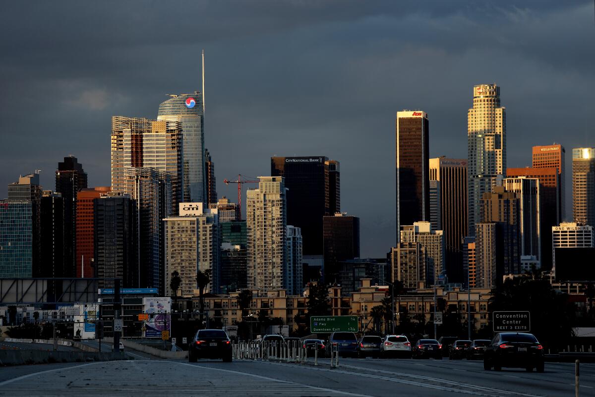 The downtown Los Angeles skyline following a powerful winter storm in February.