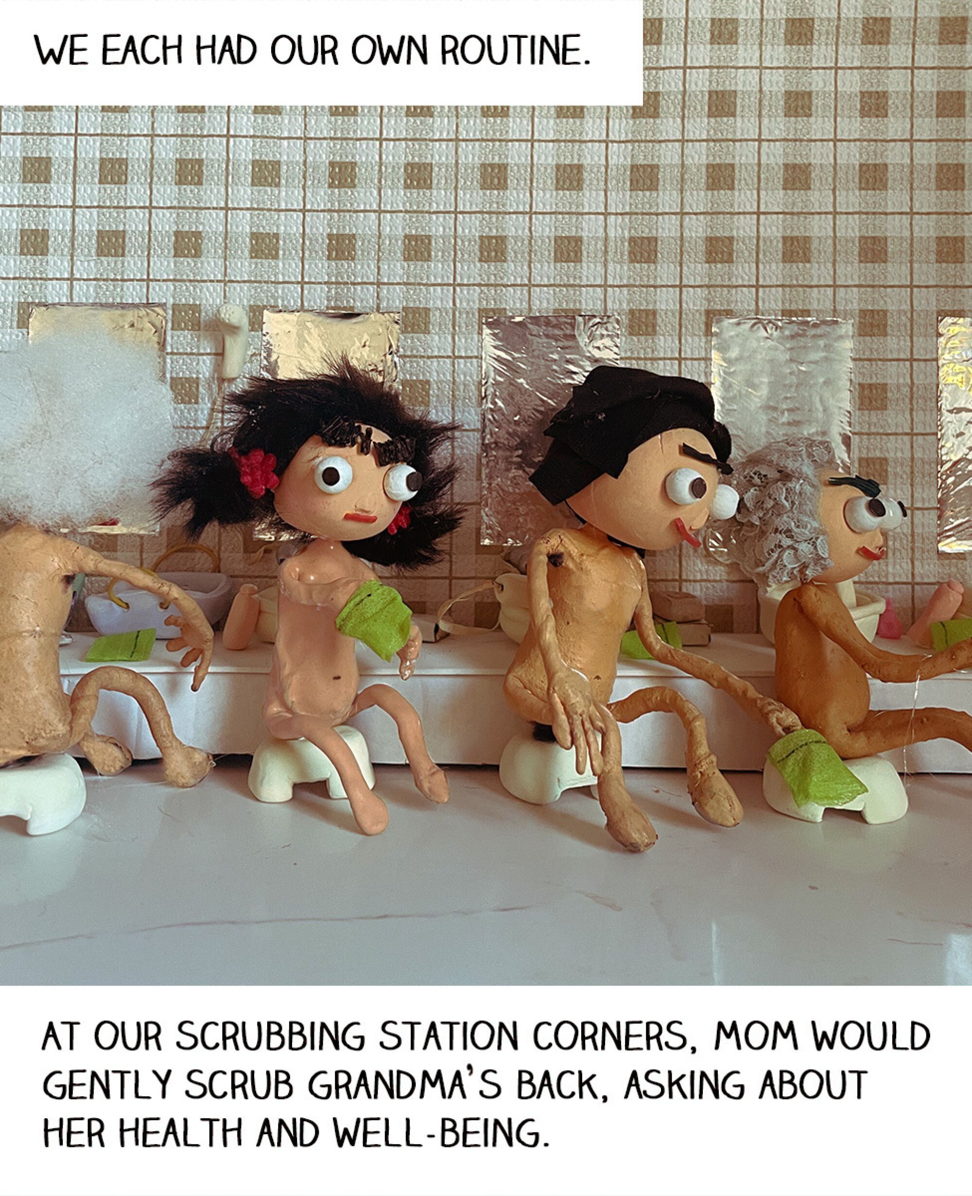 A photo of women puppets scrubbing themselves inside of a spa.