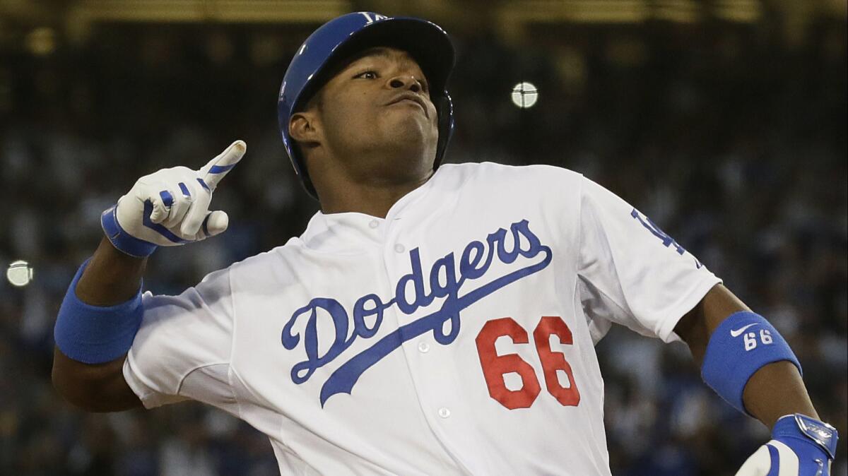 Dodgers outfielder Yasiel Puig hit .319 with 19 home runs and 42 RBIs during his sensational 2013 rookie season.