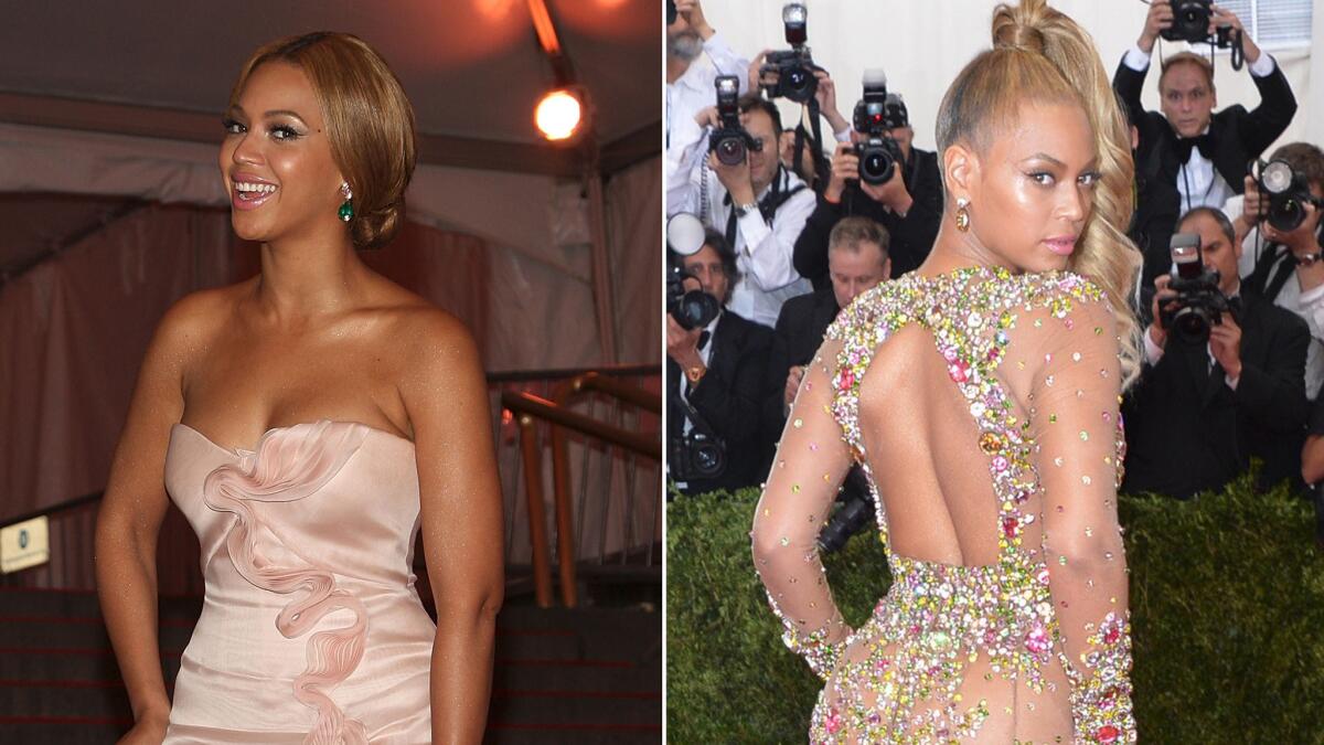 Beyonce poses on the Met Gala red carpet in 2008, left, and again in 2015.