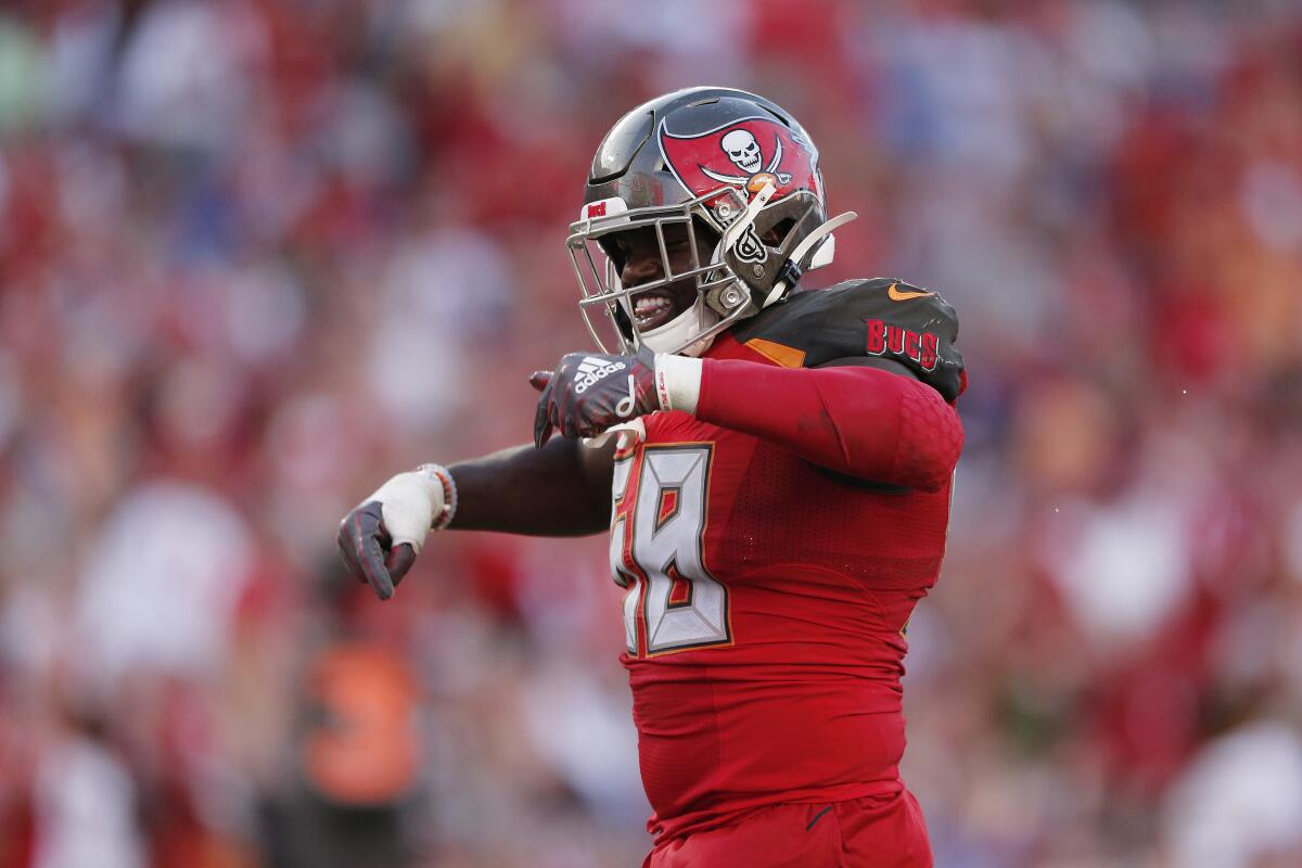 The Buccaneers' Shaquil Barrett celebrates a sack against the Giants on Sept. 22, 2019.