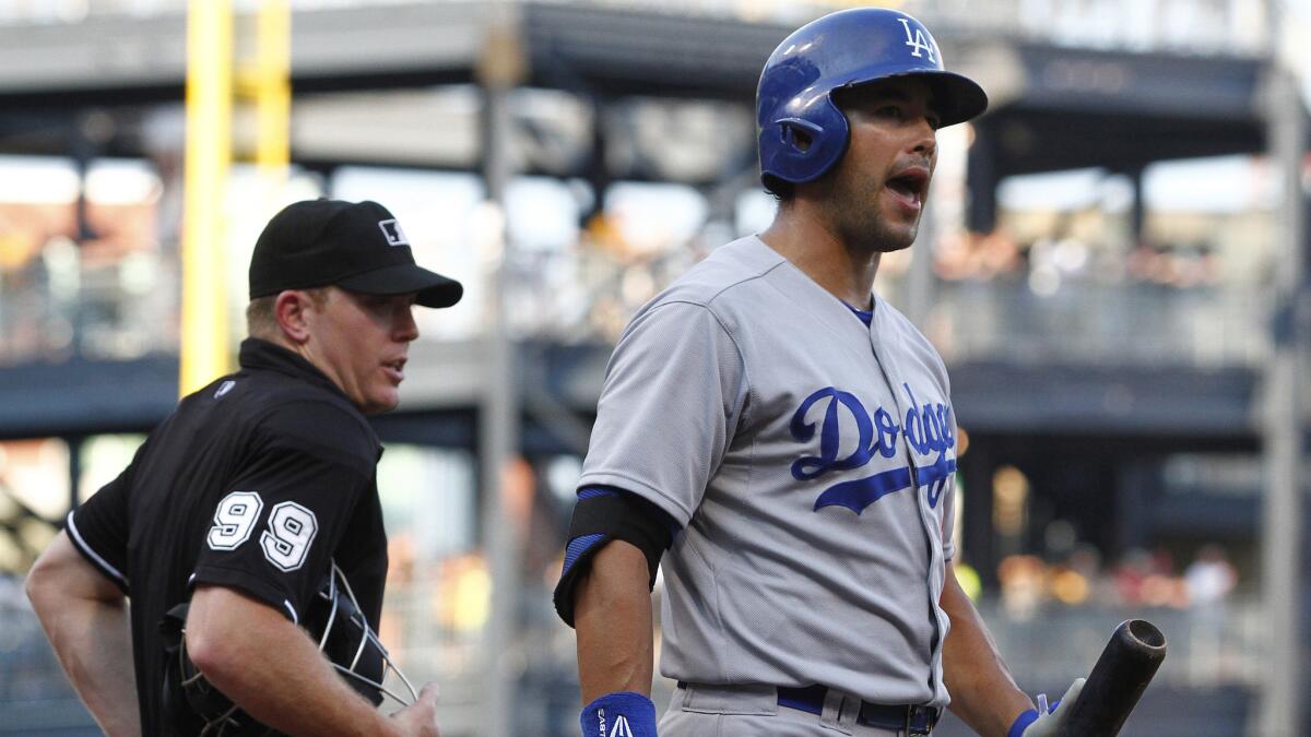 Dodgers right fielder Andre Ethier reacts after striking out in the first inning of the team's 12-7 loss to the Pittsburgh Pirates on Tuesday.