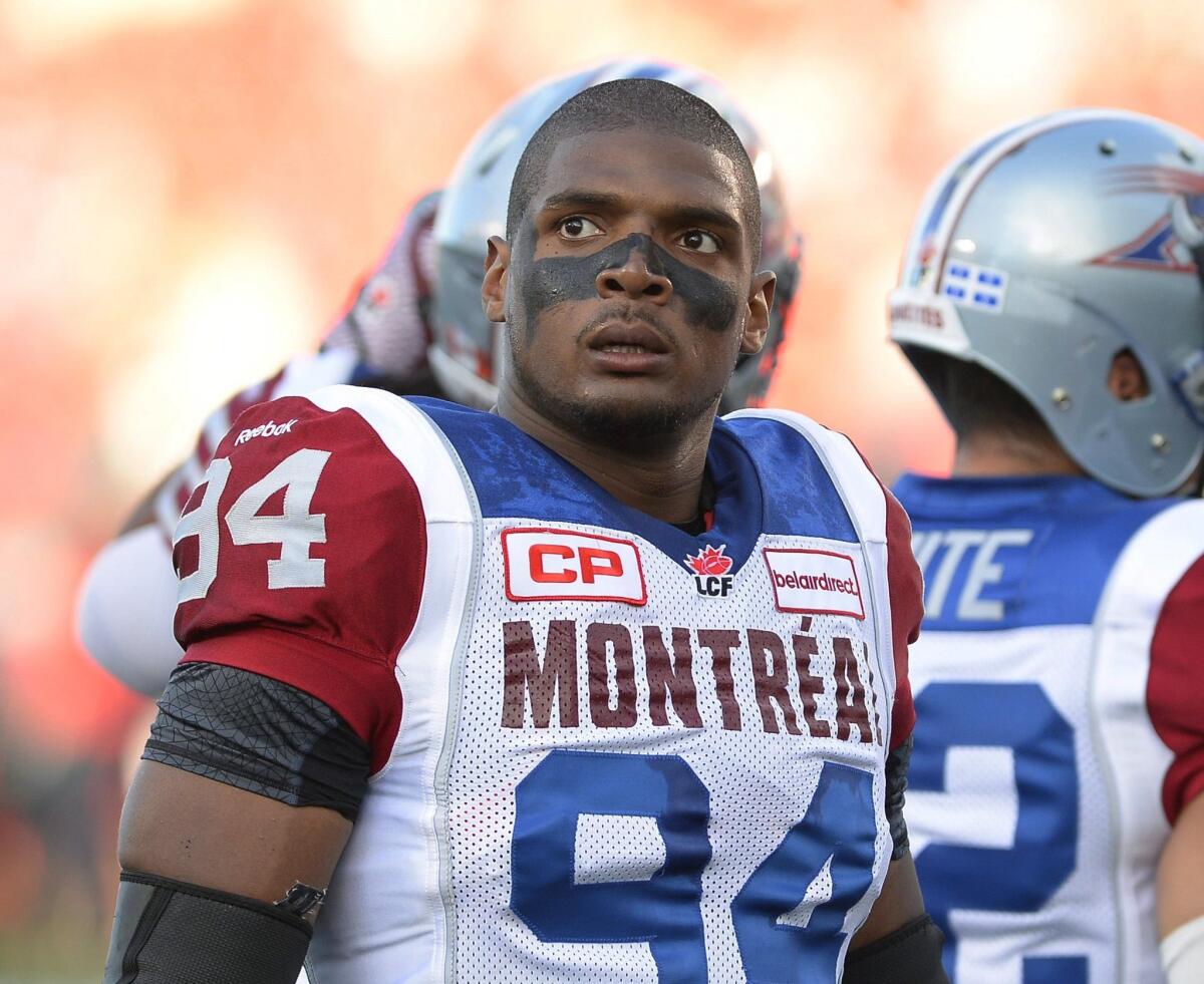 Montreal's Michael Sam warms up for a CFL game against the Ottawa Redblacks on Aug. 7.