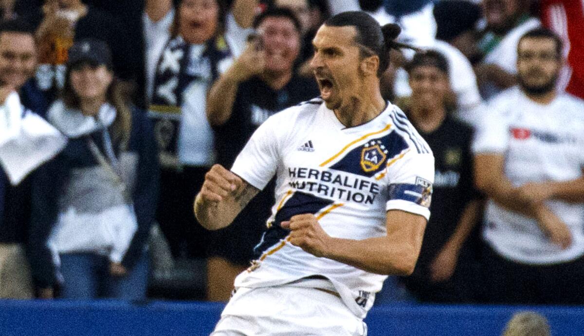 Galaxy forward Zlatan Ibrahimovic celebrates after scoring a goal during the game against LAFC on Friday night.