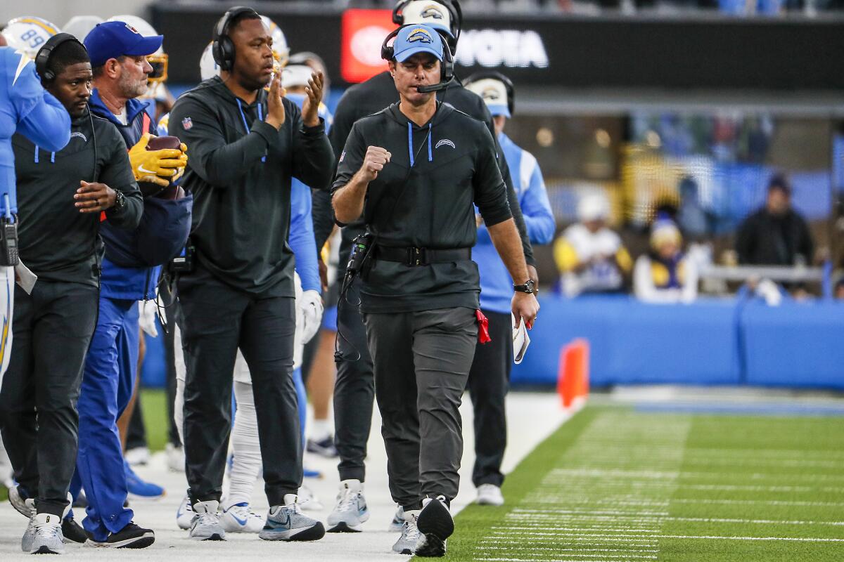 Chargers coach Brandon Staley reacts from the sideline.