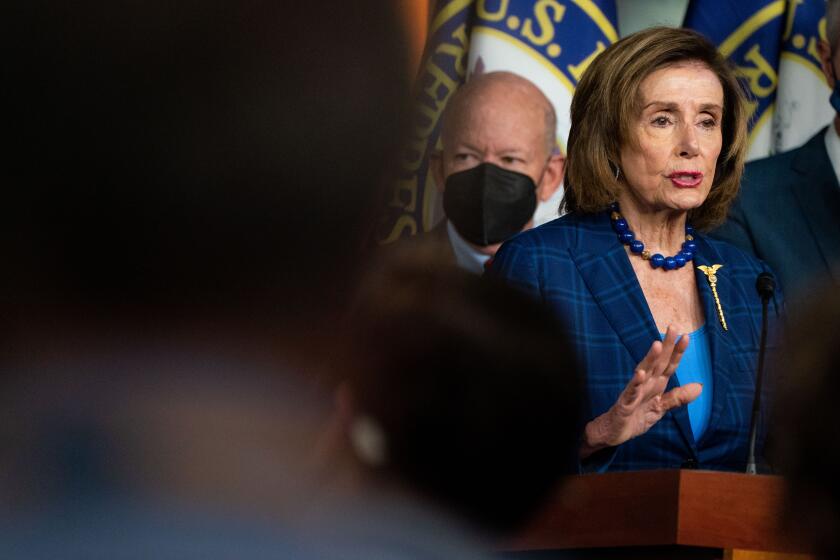 WASHINGTON, DC - JULY 30: Speaker of the House Nancy Pelosi (D-CA) and other Democrats, during a news conference on achievements including the For The People Act and the agenda for the remainder of the year at the U.S. Capitol Building on Friday, July 30, 2021 in Washington, DC. (Kent Nishimura / Los Angeles Times)