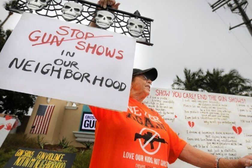 DEL MAR, CA 7/14/2018: Jane Stro of Solana Beach and a supporter of the NeverAgainCA.org was one of the protestors of outside the Del Mar Fairgrounds where the Crossroads of the West Gun Show was being held, protesting the gun show being held at the fairgrounds and gun violence. Photo by Howard Lipin/San Diego Union-Tribune/Mandatory Credit: HOWARD LIPIN SAN DIEGO UNION-TRIBUNE/ZUMA PRESS