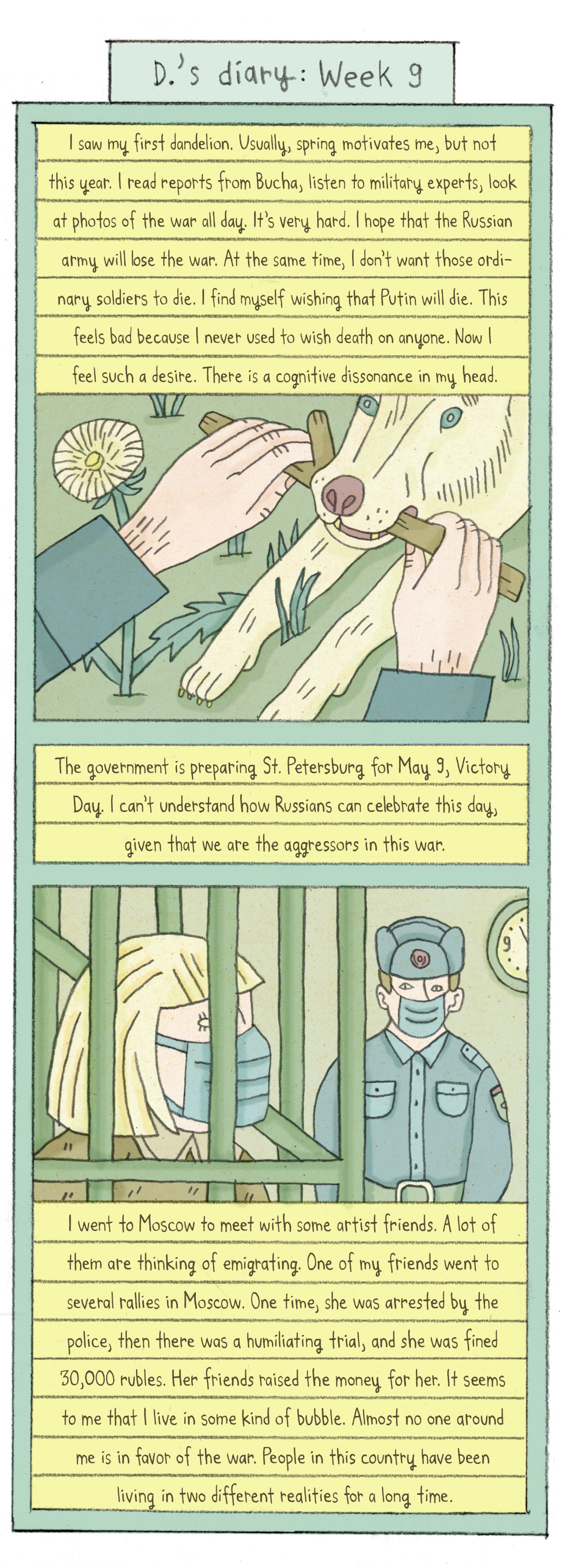 comic depicting a man playing with a dog. below a woman is in jail, a russian police officer looks on.