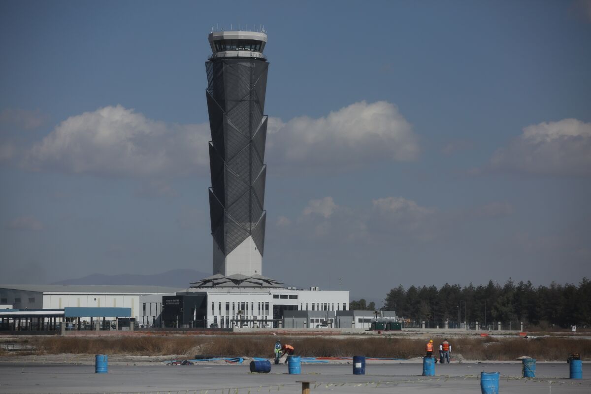 An airport control tower on Mexico City's outskirts