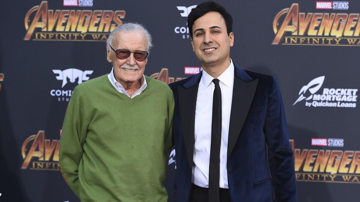 Stan Lee, left, and Keya Morgan arrive at the world premiere of "Avengers: Infinity War" in Los Angeles in April.