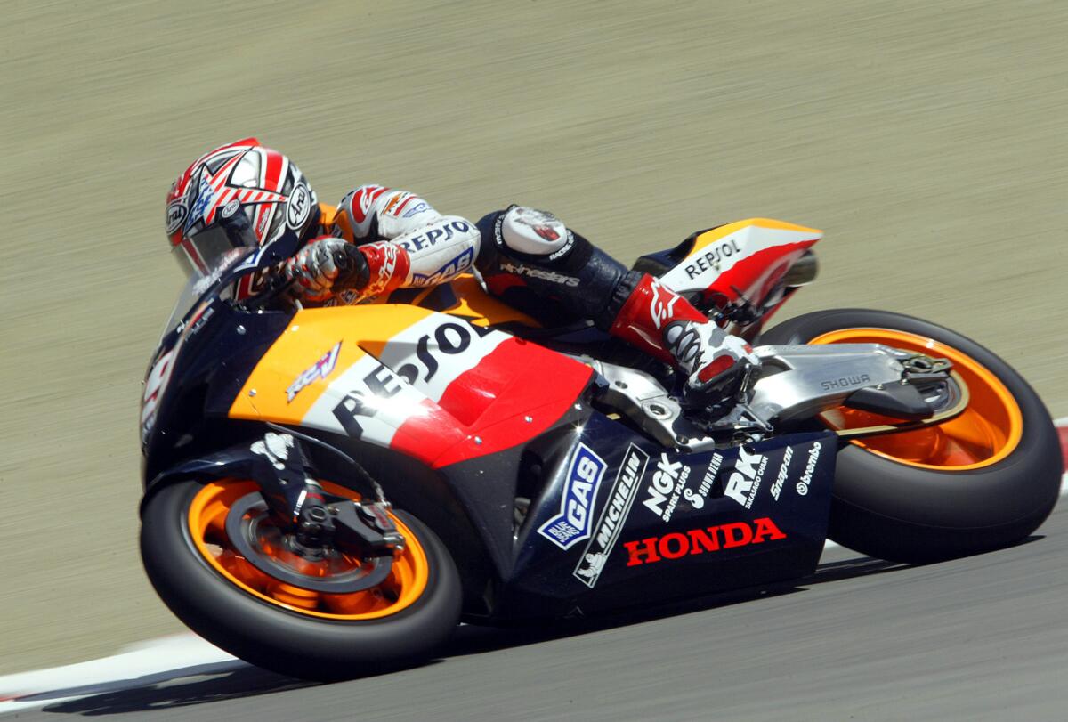 Motorcycles race at Laguna Seca too. In this 2005 photo, Nicky Hayden takes his laps during the Red Bull U.S. Grand Prix..