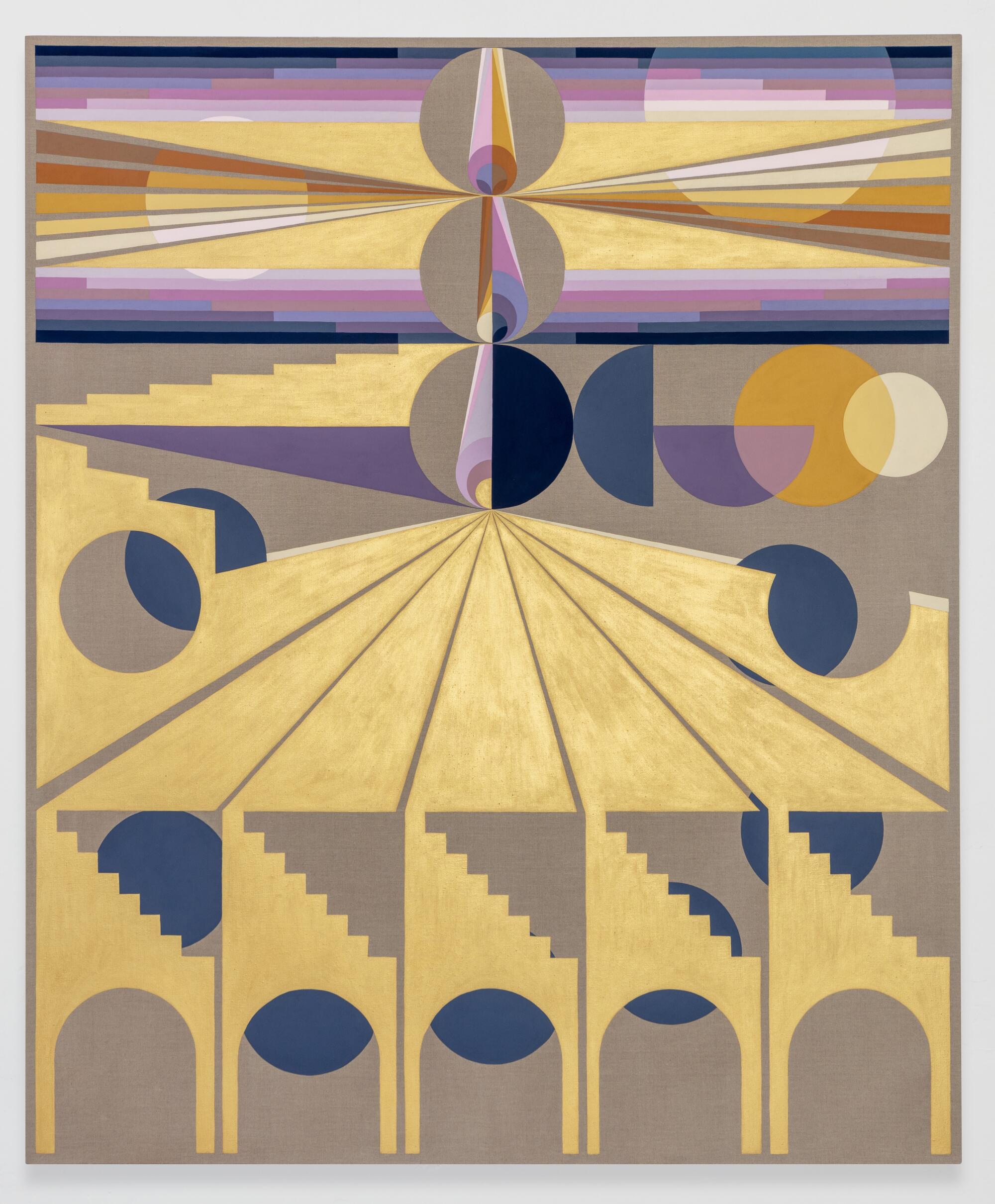 A vertical canvas shows repeating architectonic patterns of arches and steps over patterns of circles and rays of color