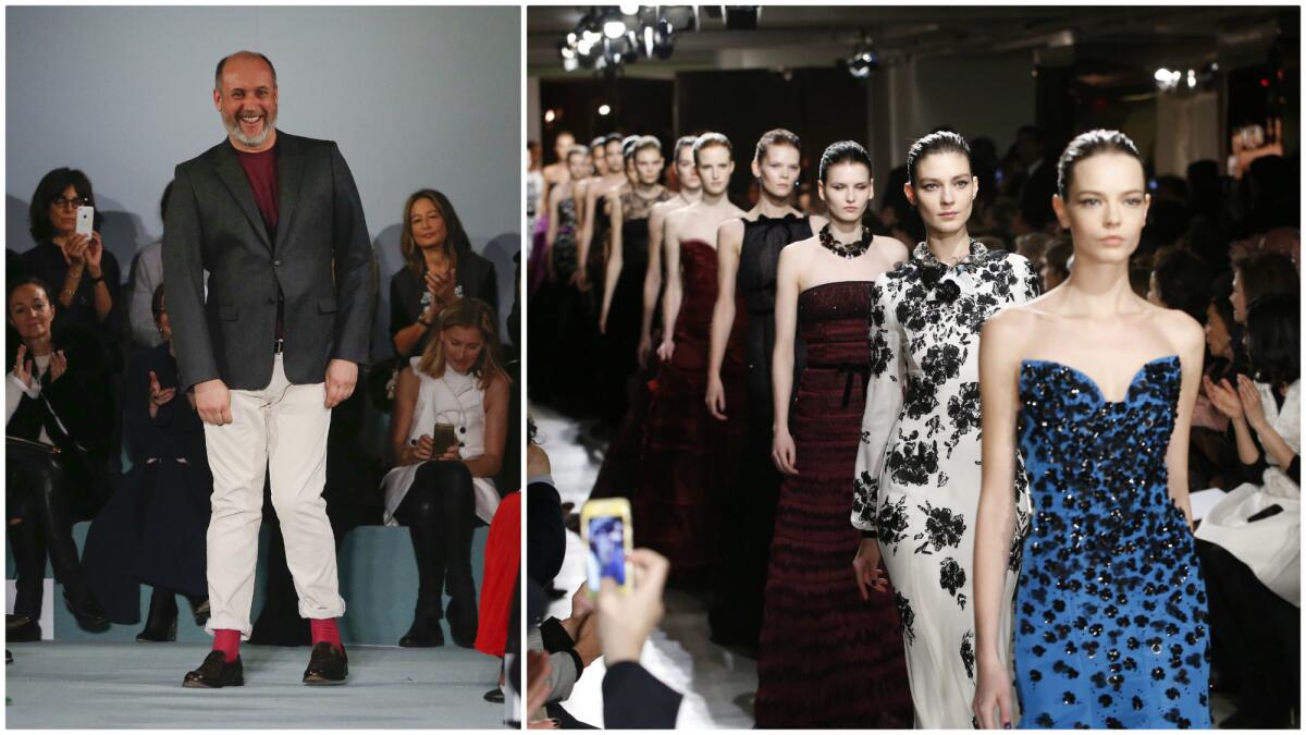 At left, creative director Peter Copping takes a bow at the end of an Oscar de la Renta runway show at New York Fashion Week in February 2016. At right, looks from his February 2015 debut collection for the house.