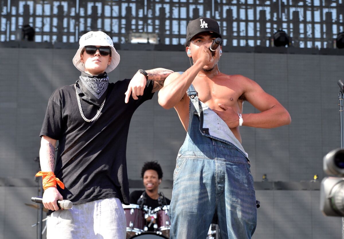 Justin Bieber at Coachella? Believe it. Bieber, left, performed with Chance the Rapper during Day 3 of the first weekend of the 2014 Coachella Valley Music and Arts Festival.