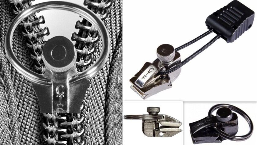 If your zipper is broken, the FixnZip can help. Its thumbscrew slider, pictured at right in two close-up photos, can be used on a tab pull zipper (upper right) or with a ring.