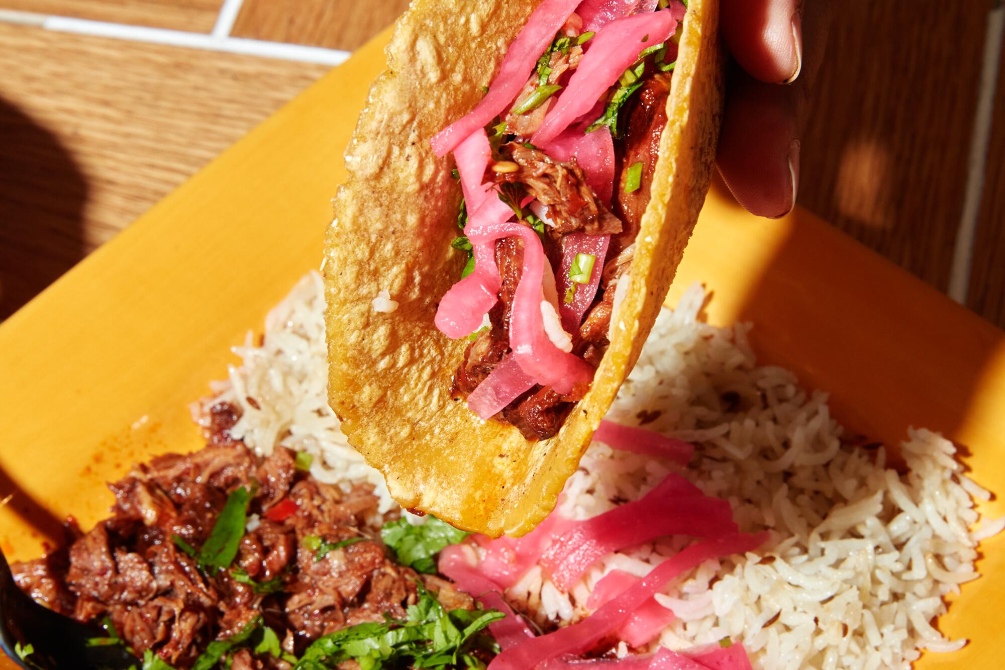 A hand holds a taco over a plate of birria and rice.