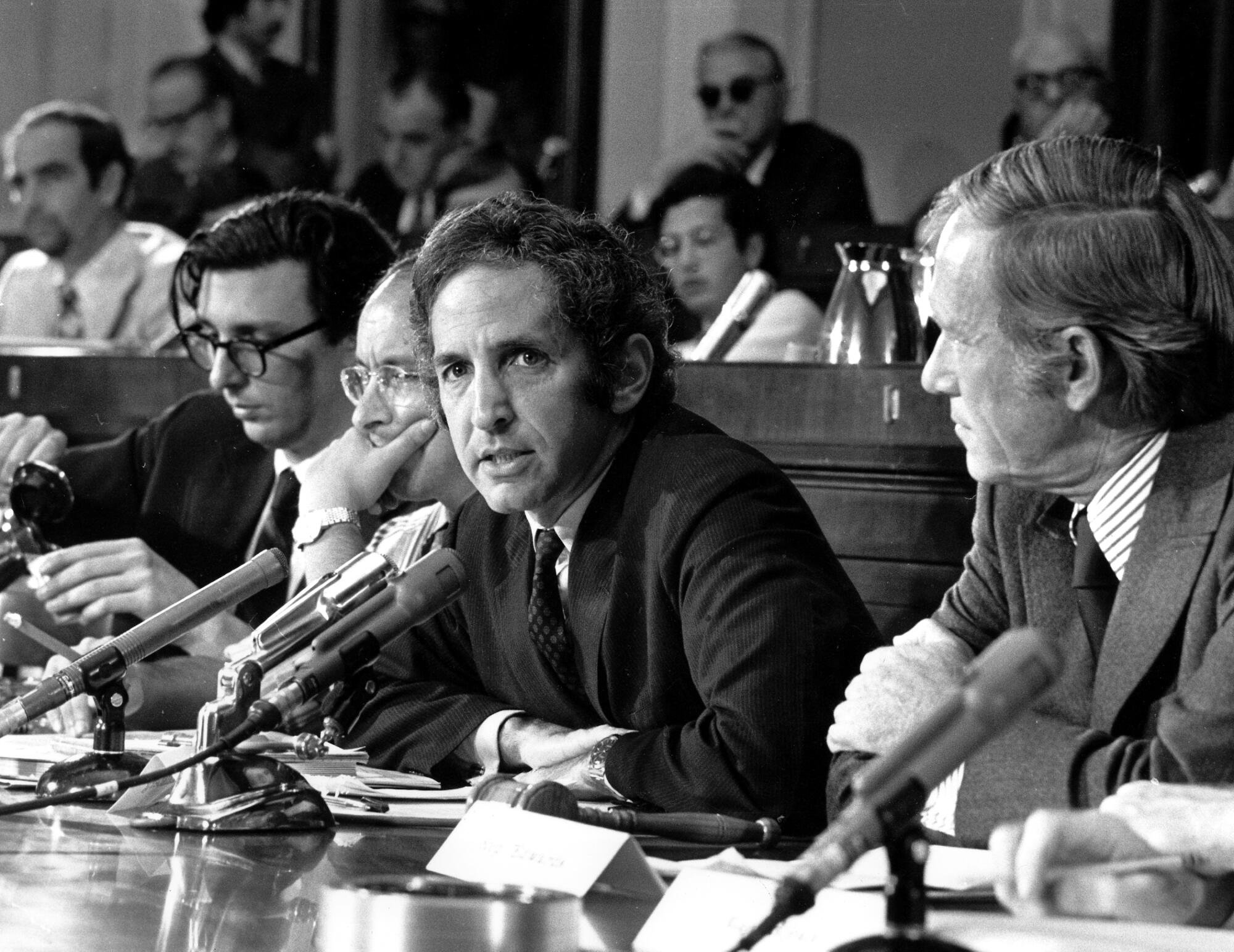 July 1971 photo of Daniel Ellsberg speaking to an unofficial House panel investigating the significance of the war documents