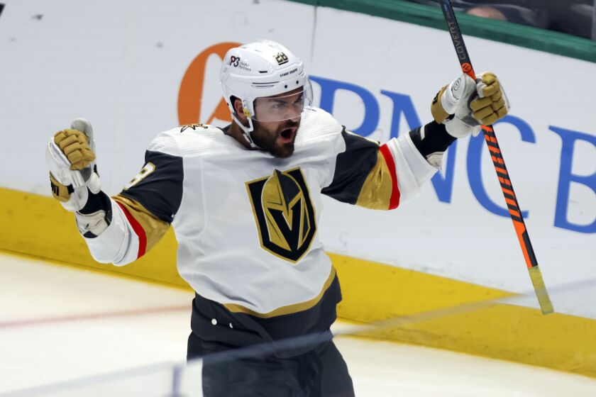 Vegas Golden Knights left wing William Carrier celebrates after scoring during the first period of Game 6 of the NHL hockey Stanley Cup Western Conference finals against the Dallas Stars, Monday, May 29, 2023, in Dallas. (AP Photo/Gareth Patterson)