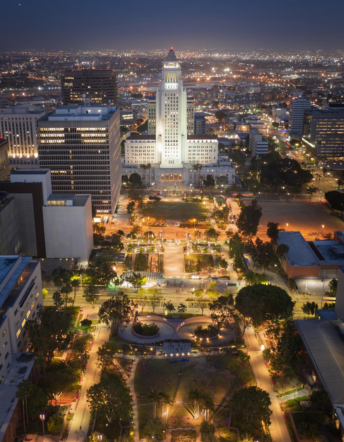Drone photography showing Grand Park and Los Angeles City Hall.