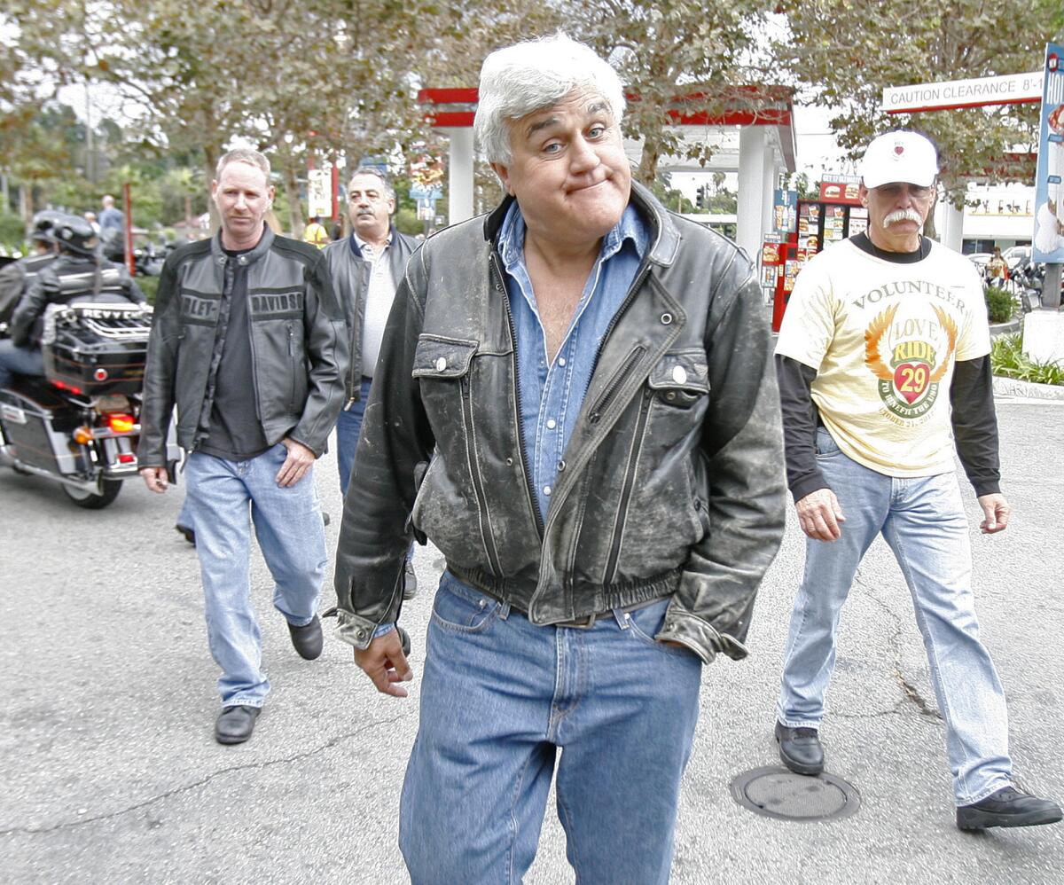 Jay Leno arrives at the 29th annual Love Ride where about 5000 motorcyclists, mostly on Harley Davidson's, gathered for a USO fundraiser that will conclude in Castaic on Sunday, October 21, 2012.