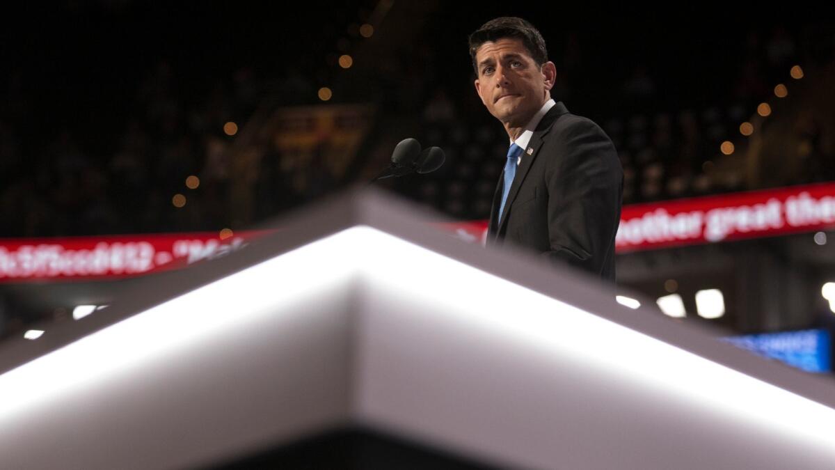 Speaker Paul Ryan at the Republican National Convention at Quicken Loans Arena in Cleveland, Ohio, on July 19, 2016.