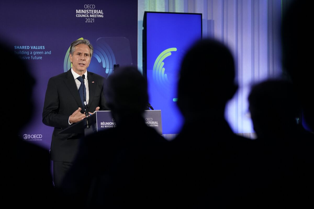 Secretary of State Antony Blinken delivers a keynote address at the Organization for Economic Cooperation and Development's Ministerial Council Meeting, Tuesday, Oct. 5, 2021, in Paris. (AP Photo/Patrick Semansky, Pool)
