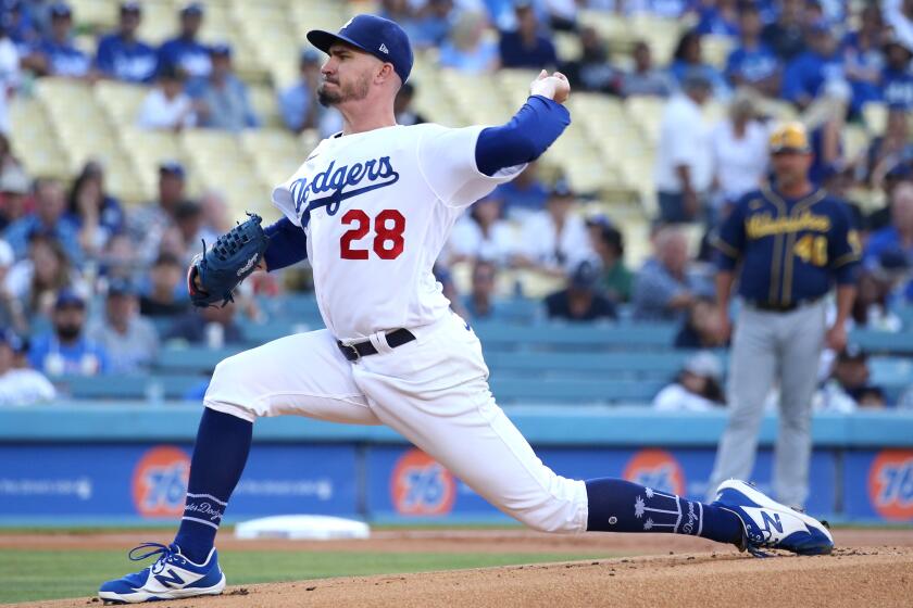 LOS ANGELES, CA - AUGUST 24: Andrew Heaney was the starting Dodgers pitcher against the Milwaukee Brewers on Wednesday, Aug. 24, 2022. (Myung J. Chun / Los Angeles Times)