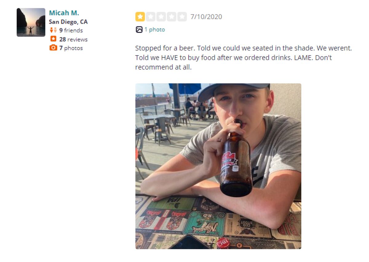 A negative Yelp review of Draft restaurant in Mission Beach.