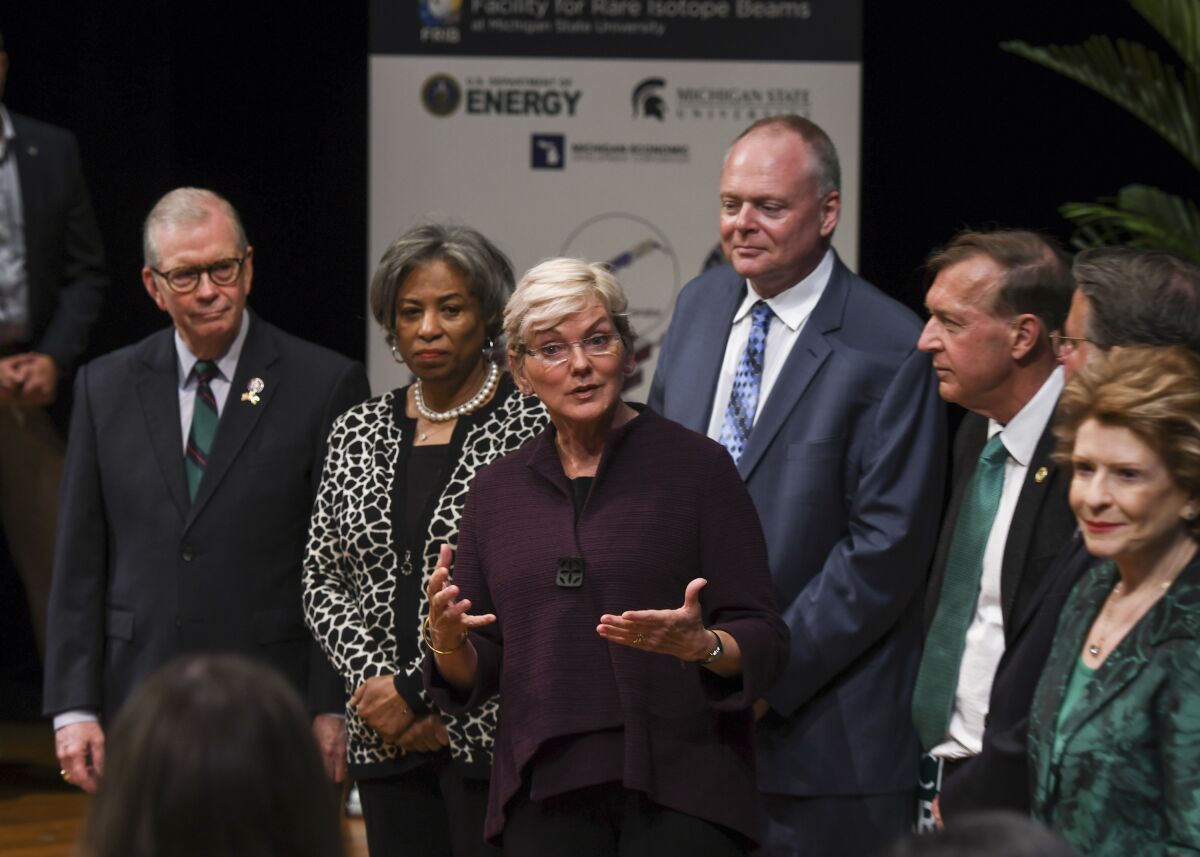 U.S. Secretary of Energy and former Michigan Gov. Jennifer Granholm speaks Monday, May 2, 2022, following a ribbon-cutting ceremony commemorating the completion of the Facility for Rare Isotope Beams at at Michigan State University in East Lansing, Mich. (Matthew Dae Smith/Lansing State Journal via AP)