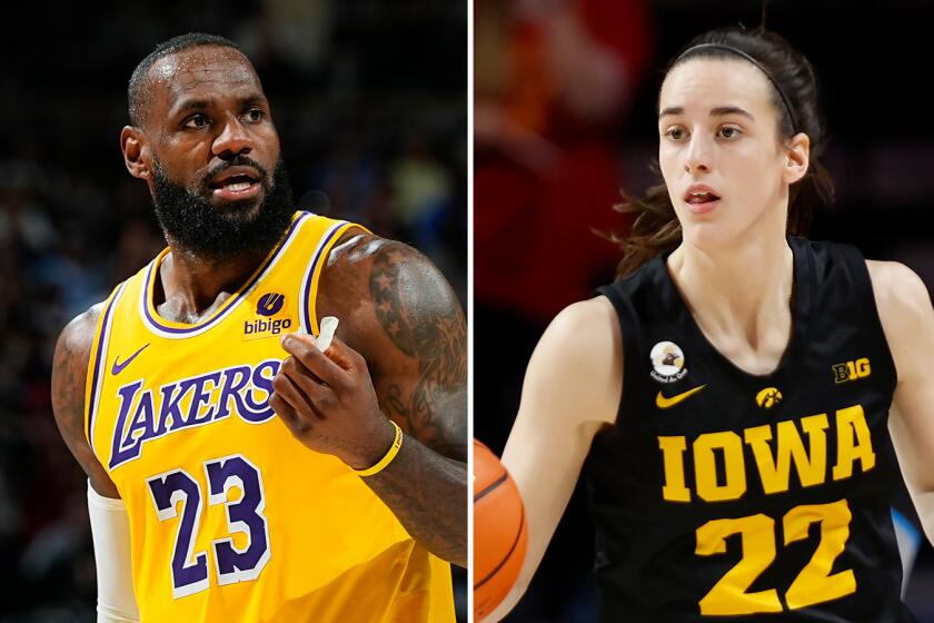 Lakers' LeBron James is on the left, and Iowa's Caitlyn Clark is on the right of a split image