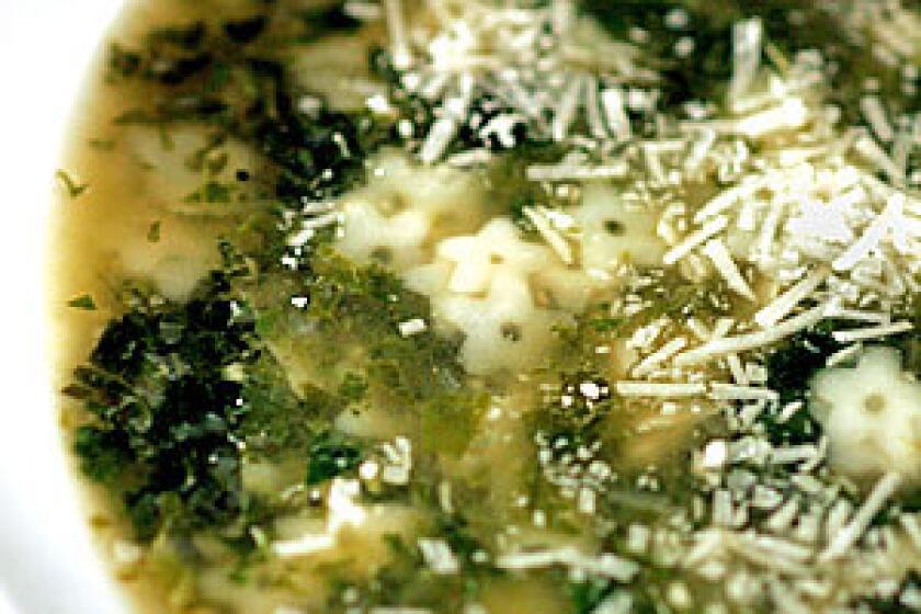 COMFORTING: A soup of mixed braised greens, with a bit of vinegar and grated Parmesan, is a good first course.