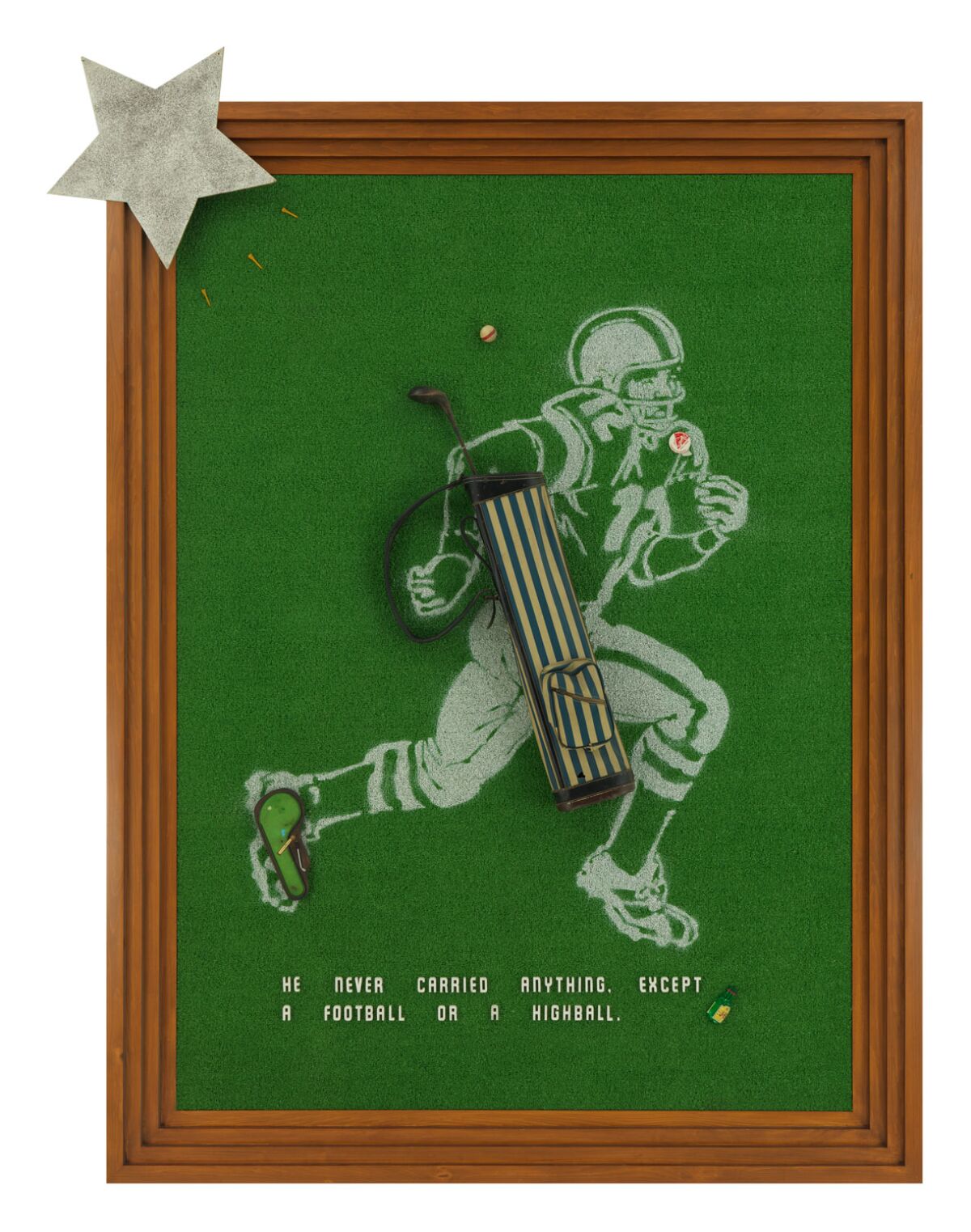 "All-American" by Alexis Smith (c. 1994. Acrylic, mixed media on Astroturf; metal, plastic and wood trophies)