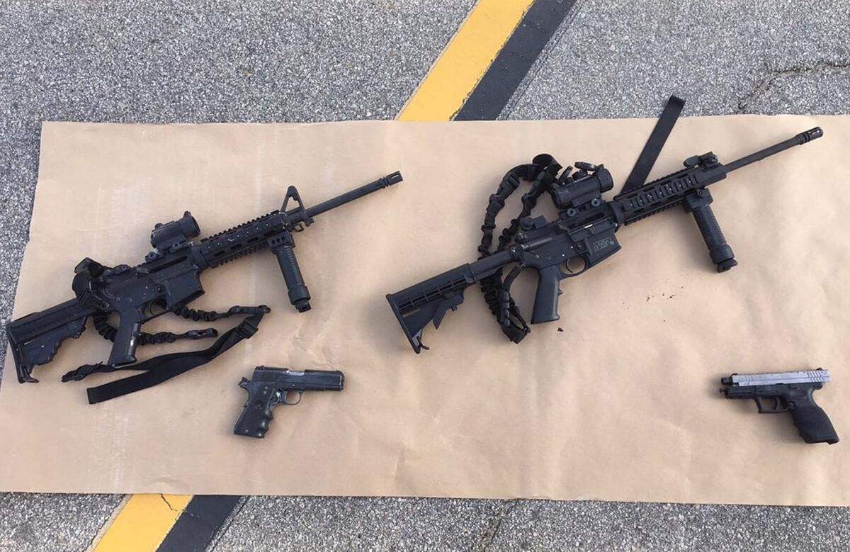 This photo from the San Bernardino County Sheriff's Department shows the weapons carried by the killers in the Dec. 2 San Bernardino mass shooting. All had been bought legally, though the rifles apparently had been illegally modified.