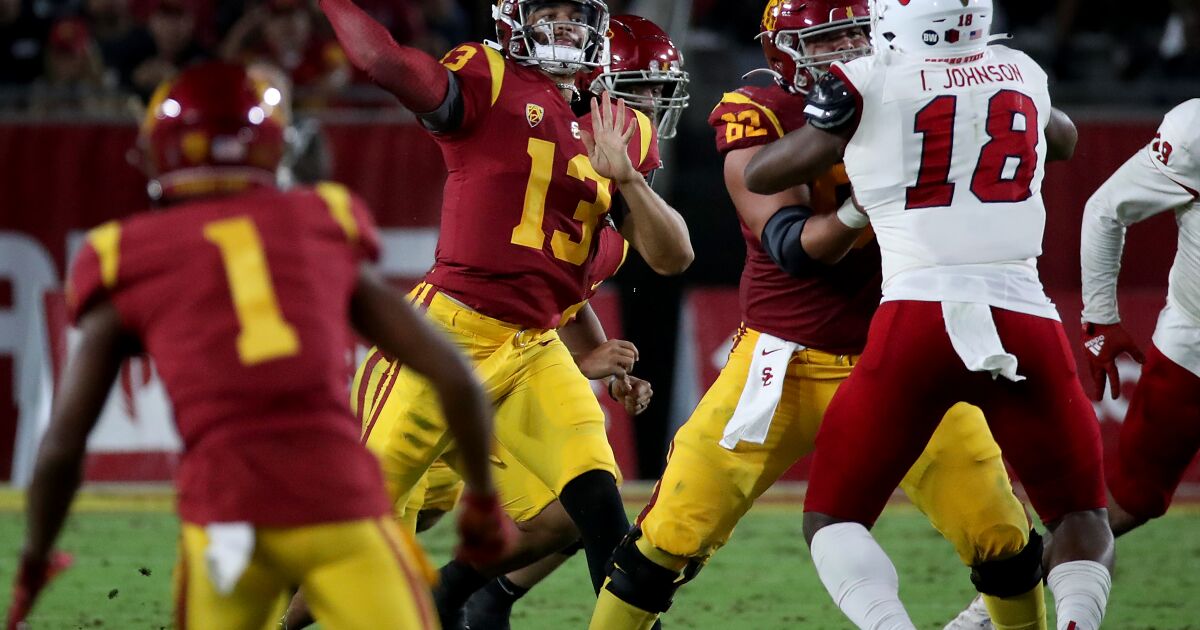 Column: Caleb Williams passed a modest test, but can he keep adapting to mask USC’s flaws?