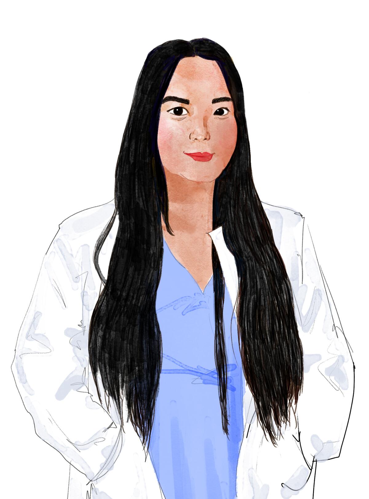 Illustration of Mindy Hoang in a white coat