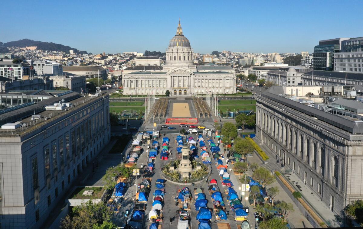 Aerial view of tents lined up in rows at San Francisco's Civic Center