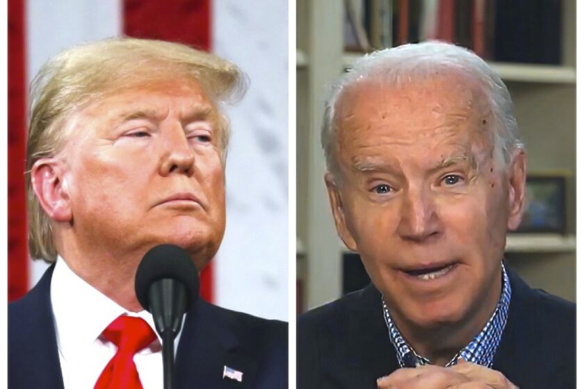 President Donald J. Trump, left, pictured during the State of the Union address earlier this year, and former Vice President Joe Biden delivering a virtual press conference in March. Their responses on Friday to the outrage that has followed the death of George Floyd were in stark contrast.