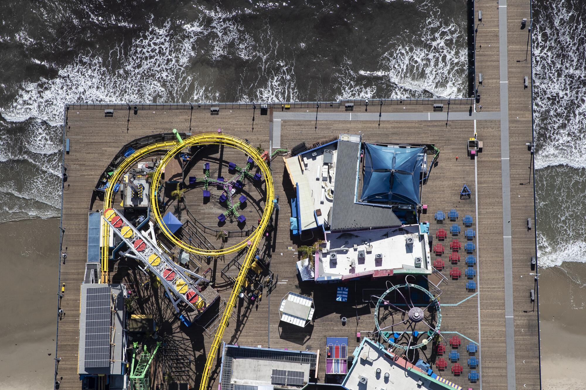 Aerial view of the closed Santa Monica Pier