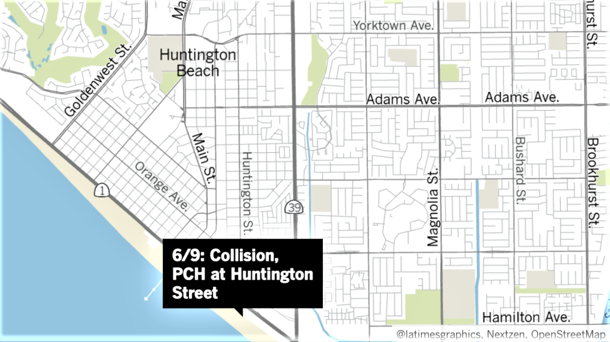 Map showing location on PCH and Huntington Street of fatal accident.